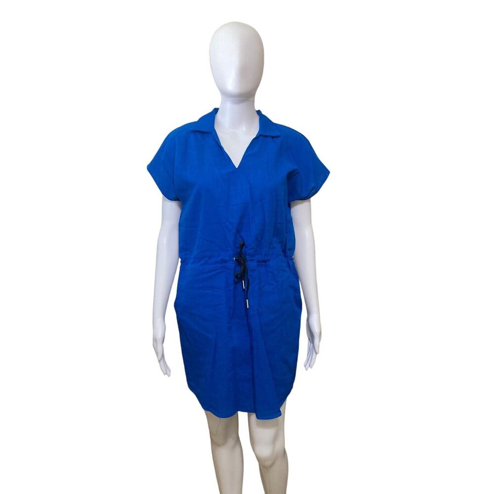 Never A Wallflower Short Sleeve Track Dress Bright Blue Linen Size XS New $288